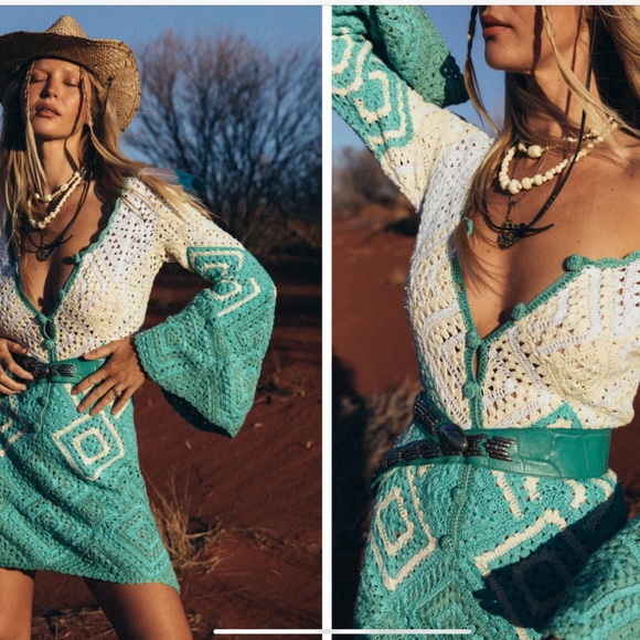 Chasing Unicorns Dresses & Skirts - Chasing Unicorns California Crochet Mini Dress M Green NWT